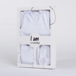Set neonato 4 pezzi per la nascita NEW BABY I AM, bianco, 100% cotone