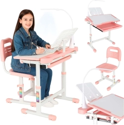 Scrivania per bambini regolabile con sedia e lampada LED, rosa