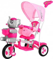 Triciclo per bambini con elefantino, maniglia di spinta regolabile e cappottina – Rosa
