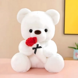 Orsetto di peluche bianco 32 cm con rosa rossa e fiocco – regalo per ragazza