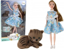 Bambola Emily primaverile con capelli lunghi in abito blu e con gattino