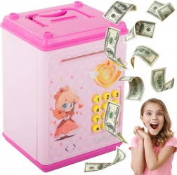 Cassaforte per bambini Rosa con codice PIN con banconote e monete