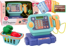 Cassa per bambini blu con monete e cestino