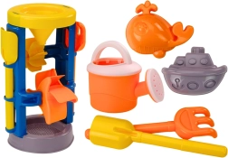 Grande set da spiaggia con mulinello, paletta, rastrello, annaffiatoio e formine