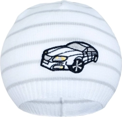 Cappellino primaverile in maglia New Baby con automobilina bianco/grigio chiaro