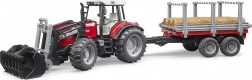 BRUDER trattore MASSEY FERGUSON 7480 con caricatore frontale e rimorchio per tronchi