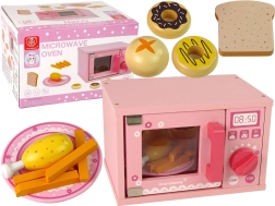 Forno a microonde in legno per bambini – set rosa con cibo