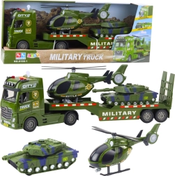 Autotreno militare con semirimorchio, elicottero e carro armato con luci e suoni