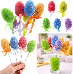 Uova di Pasqua su stecco con fiocchetto, decorazione colorata, 6 pezzi