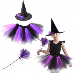 Costume da strega per bambini con cappello, tutù e bacchetta – viola‑nero