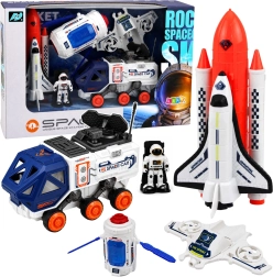 Set spaziale con razzo, navetta, satellite, drone, astronauta e veicolo