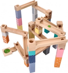 Pista a biglie in legno pastello, 53 pezzi + 6 biglie di vetro