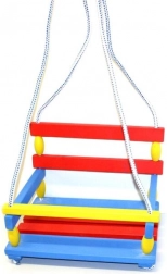 Altalena colorata in legno con barriera di sicurezza