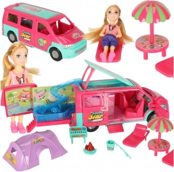 Caravan da campeggio per bambole con accessori e piscina