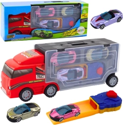 Camion rosso con garage mobile e lanciatore + 3 macchinine