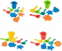 set da sabbia con secchiello, attrezzi e formine