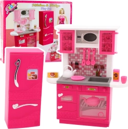 Cucinina rosa con frigorifero per bambole 29 cm