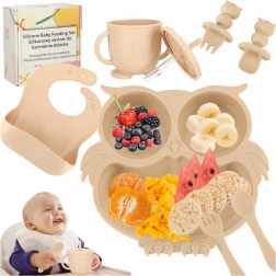 Set da tavola in silicone per bambini con motivo gufo, 8 pezzi, beige