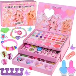 Grande set di trucco per bambini in valigetta rosa con cosmetici e bijoux