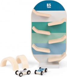 pista automobilistica in legno con macchinine e archi