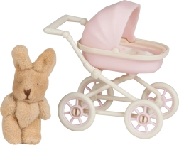 Passeggino Lundby con coniglietto di peluche per casa delle bambole