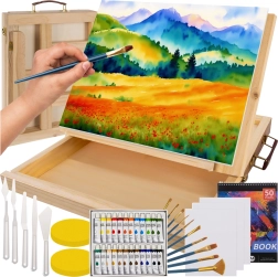 Set da pittura Maaleo in valigetta di legno con cavalletto da tavolo 45 pz