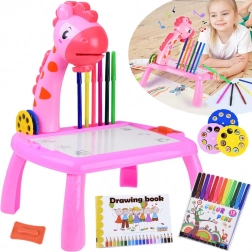 Proiettore per bambini a forma di giraffa con tavolino da disegno e 12 pennarelli – Rosa