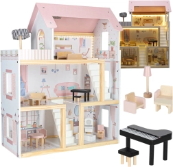 Casa delle bambole in legno con mobili e illuminazione LED 78 cm rosa