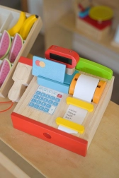 Cassa per bambini in legno per giocare al negozio con scanner