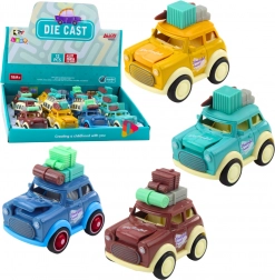 Macchinina da viaggio retrò in metallo con trazione a frizione e cofano saltellante