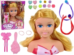 Testa per pettinatura della bambola con perline, mollette e ciocche colorate