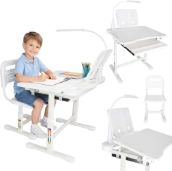 Scrivania per bambini regolabile in altezza con sedia e lampada LED, bianca