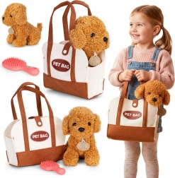 Cagnolino di peluche in borsa con spazzola – barboncino marrone per bambini