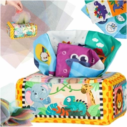 Box sensoriale Montessori con fazzoletti colorati e animaletti
