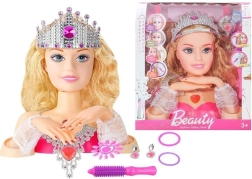Testa di bambola per styling con corona e accessori