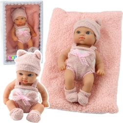 Bambola di stoffa neonato con copertina, abito rosa‑bianco, cuffietta, 18 cm
