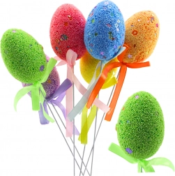 Uova di Pasqua su stecco con fiocchetto, decorazione colorata, 6 pezzi