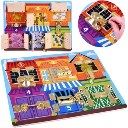 Tavola sensoriale manipolativa in legno con serrature e numeri