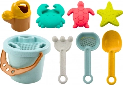 Set pastello per la sabbia con secchiello, paletta, rastrello, setaccio e formine