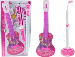 Chitarra elettrica rosa per bambini con supporto e microfono a batterie