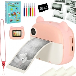 Fotocamera istantanea per bambini con stampante termica – orsetto rosa, scheda da 32 GB