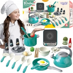 Woopie cucina giocattolo con piano a induzione – pentole, padella e bollitore, 30 pezzi, verde