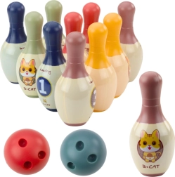 Set da bowling per bambini con gattini – 10 birilli e 2 palle colorate