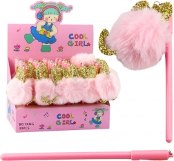 Penna a gel con pompon rosa, inchiostro blu, 17 cm, 0,5 mm