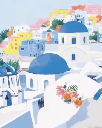 Pittura diamantata tetti blu a Santorini 30 × 40 cm