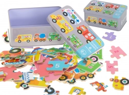Puzzle con mezzi di trasporto in scatola di latta