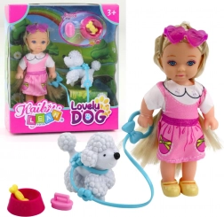 Mini bambola con cagnolino al guinzaglio e ciotola con osso