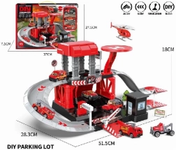 Set parcheggio con auto dei pompieri in metallo e elicottero