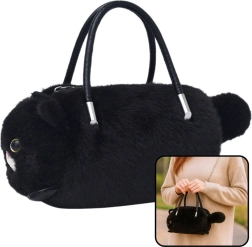 Borsa plush a forma di gatto con manici e catena – nera