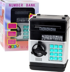 cassaforte nera salvadanaio di vetro con codice PIN e effetti luminosi e sonori